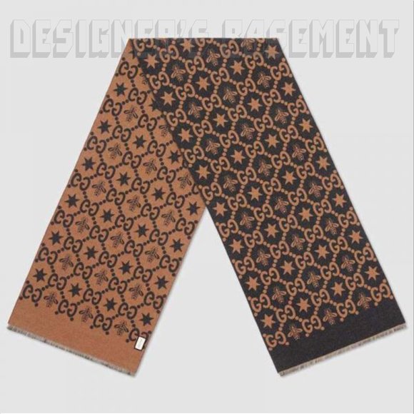 GUCCI brown & charcoal CONSTELLATION Bee GG Stars wool reversible long scarf NWT - Picture 3 of 10